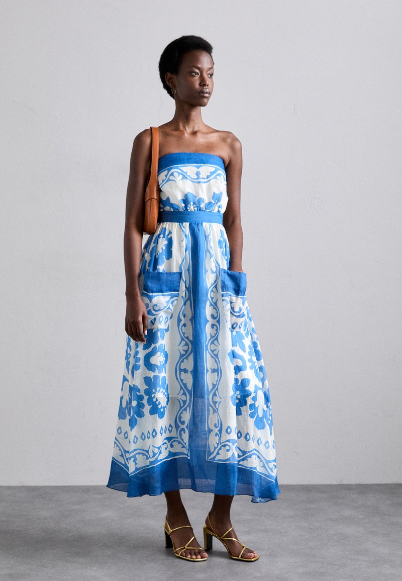 sandro blue white dress SANDRO Ruffle-Detail Midi Dress