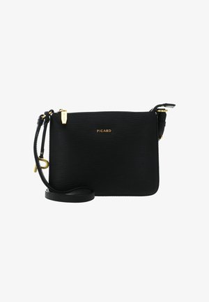 Black crossbody bag with a textured surface, gold hardware, brand logo on the front, and an adjustable strap. Compact rectangular design.