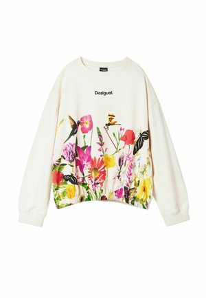 Witte bloemen-sweatshirt van Desigual met levendige, meerkleurige bloemen- en kolibriprints, voorzien van een elastische zoom en ontspannen mouwen.