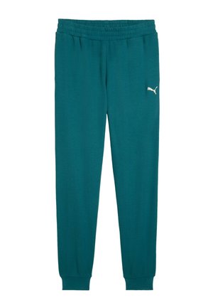 Teal-colored Puma sweatpants with elastic waistband, ribbed cuffs, and white Puma logo on the upper left thigh.