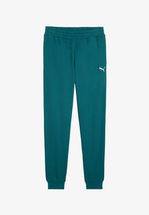 Pantaloni sport Puma de culoare verde-albăstrui, cu talie elastică, manșete striate și logo alb Puma pe coapsa stângă superioară.