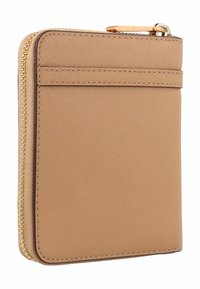 Tan zippered wallet with smooth textured exterior, card slots on one side, and gold-tone hardware at the zipper pull. Compact rectangular shape.