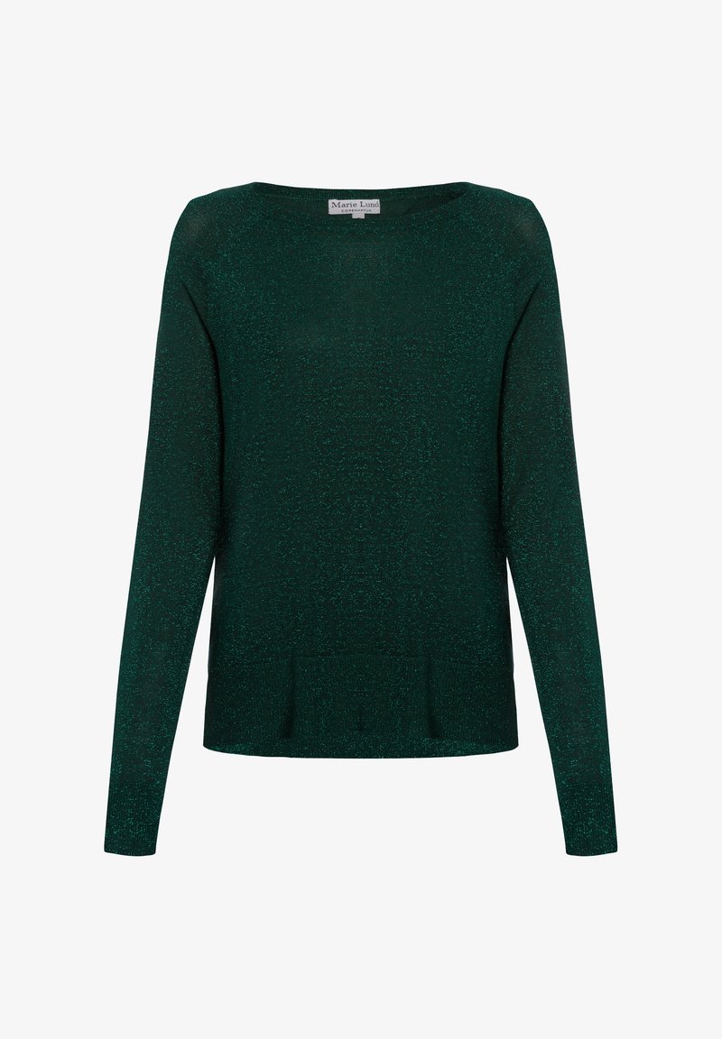 Grüner strukturierten Strickpullover mit langen Ärmeln und rundem Ausschnitt. Verfügt über einen gerippten Saum und minimale Designmerkmale, die sich gut zum Layering eignen.