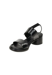 Schwarze Ledersandale mit zwei breiten Riemen und einem Slingback. Sie hat einen klobigen Absatz und eine glatte, glänzende Oberfläche. Ergonomisch gestaltetes Fußbett.