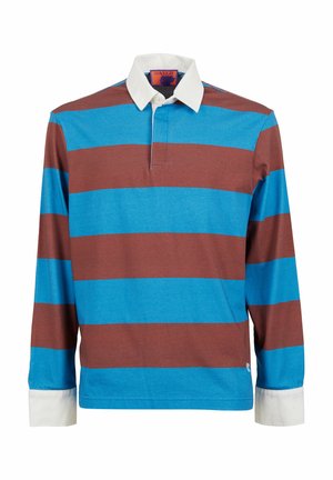 Langärmliges Polohemd mit abwechselnden braunen und blauen Streifen. Weißer Kragen und Bündchen; weicher Baumwollstoff mit lockerer Passform.