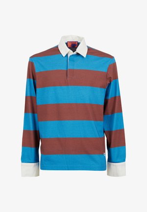 Polo a maniche lunghe con righe alternate marroni e blu. Colletto e polsini bianchi; tessuto in cotone morbido con vestibilità rilassata.