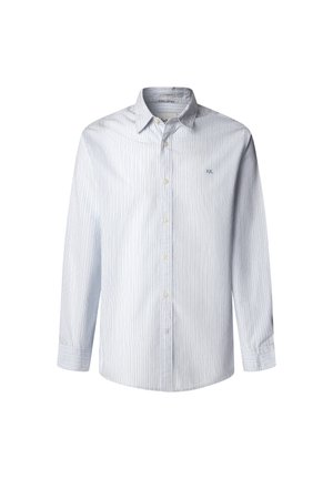 Svetlo modra in bela prugasta srajca z gumbom iz bombaža. Ima koničast ovratnik, dolge rokave in majhen logotip na prsih.