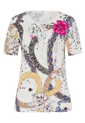 Hvid kortærmet skjorte med store blomsterprint, indvævede dyrprintsløjfer og teksten "Gør det, der får dig til at føle dig godt tilpas" foran.