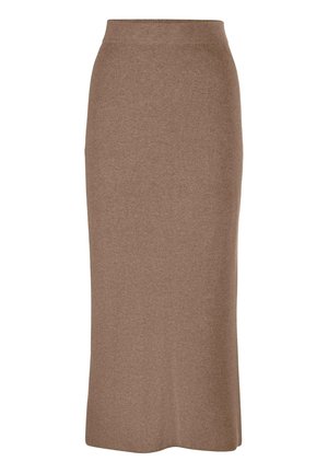 Brauner gestrickter Midiskirt mit einem anliegenden Bund, der einen geraden Schnitt und eine glatte Textur aufweist, geeignet für legere oder formelle Anlässe.