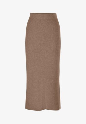 Brown knit midi skirt with a fitted waistband, featuring a straight cut and smooth texture, suitable for casual or formal settings.