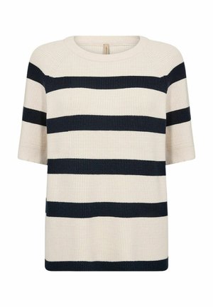 Prugasti džemper kratkih rukava u krem i mornarsko plavoj boji, rebraste teksture, okruglog izreza, s horizontalnim prugama različitih širina.