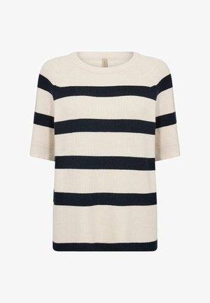 Kreemjas ja meresinine lühikeste varrukatega triibuline kampsun, soonikuline tekstuur, ümar kaelus, millel on erineva laiusega horisontaalsed triibud.