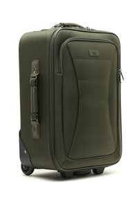 Valigia verde a rulli con tessuto texturizzato, scomparti con cerniera e maniglie imbottite. Presenta ruote discrete e un design dal profilo sottile.