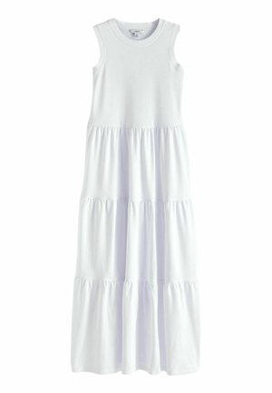Robe maxi blanche sans manches à étages avec un col rond et des coutures froncées créant trois sections horizontales.