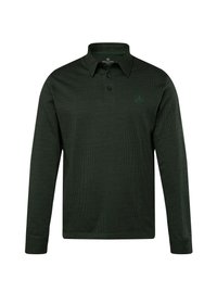 Polo de manga larga en verde oscuro, con tejido texturizado y cuello abotonado. Presenta un pequeño y sutil logo en el pecho.