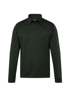 Langærmet polo-shirt i mørkegrøn farve, struktureret stof med krave med knapper. Har et lille, diskret logo på brystet.