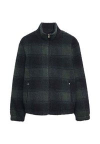Kurtka polarowa w ciemnozielonym i czarnym wzorze w kratę, z wysokim kołnierzem, zapięciem na zamek i dwiema bocznymi kieszeniami. Miękki, teksturowany materiał.