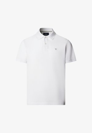 Fehér, rövid ujjú póló, kétgombos plisszézéssel, bal mellrészen kis hímzett keresztbe tett evezők logóval, valamint Hackett London címkével a gallér belsejében.