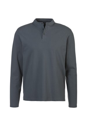 Langarmshirt aus dunkelgrauer Baumwolle mit rundem Kragen und einer Knopfleiste mit drei Knöpfen. Einfaches Design ohne sichtbare Muster.