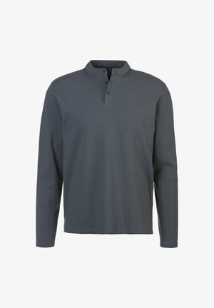 Long-sleeve shirt in dark gray cotton, featuring a rounded collar and three-button placket. Simple design with no visible patterns.