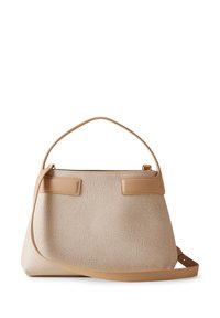 Borsa a tracolla beige con texture e dettagli in morbida pelle, dotata di un manico superiore singolo e di una tracolla regolabile. Forma rettangolare semplice.