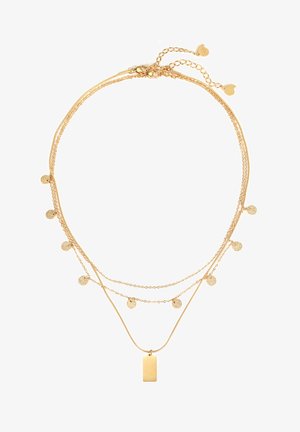 Collar de oro laminado que presenta cadenas delicadas, acentos redondos texturizados y un colgante rectangular en el centro. Incluye un detalle de cierre ajustable.