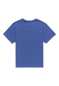 Blå bomulds t-shirt, rund hals, korte ærmer, glat tekstur, ensfarvet, ingen synlige logoer eller mønstre, bagfra.