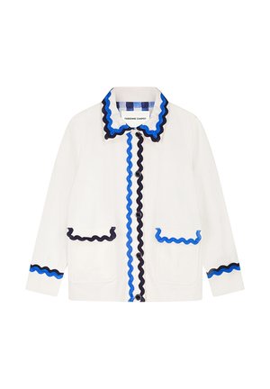 Witte jas met blauwe en zwarte golvende bies op de kraag, knopen aan de voorkant, manchetten en twee voorzakken.