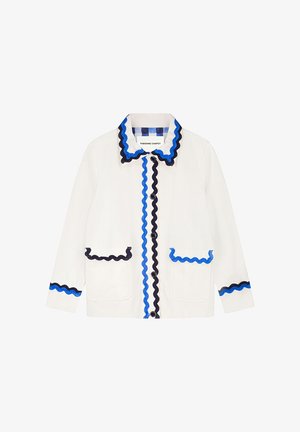Witte jas met blauwe en zwarte golvende bies op de kraag, knopen aan de voorkant, manchetten en twee voorzakken.