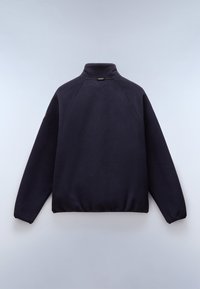Marineblauer Fleece-Pullover mit hohem Kragen, Raglanärmeln, elastischen Bündchen und Saum. Weicher Stoff und minimale Details auf der Rückseite.