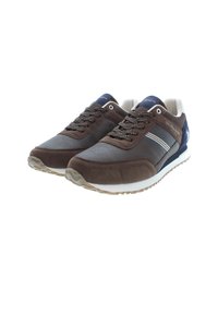 Scarpe da atletica in pelle e tessuto marroni con suola bianca, caratterizzate da dettagli grigi e blu navy, e una parte superiore testurizzata con lacci.