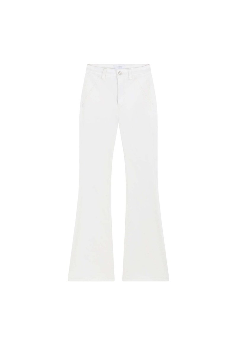 Weiße weit geschnittene Jeans mit hoher Taille, aus Denim gefertigt. Features klassische Nähte, frontale Taschen und eine körperbetonte Silhouette im oberen Bereich.
