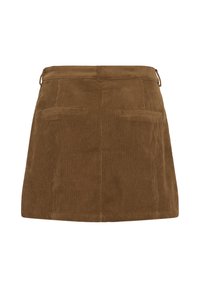 Mini-jupe en velours côtelé marron avec deux poches passepoilées au dos et des passants de ceinture, présentée sur fond blanc.