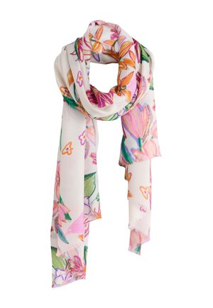 White scarf with pink, orange, and green floral patterns, loosely looped with fringed edges on both ends.