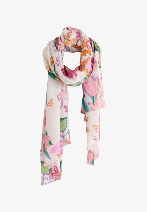 Weißer Schal mit pinken, orangen und grünen Blumenmustern, locker geschlungen mit fransigen Enden.