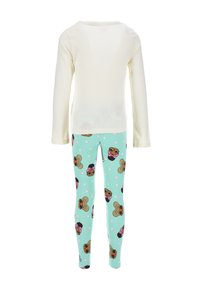Top de manga larga en color crema combinado con leggings menta que presentan un patrón de osos y lunares rosas. Tejido suave con un ajuste ceñido.