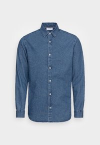 Džínová košile na knoflíky v tmavě modré barvě. Má klasický límec, dlouhé rukávy se zapínáním na knoflíky a přední légu s bílými knoflíky.