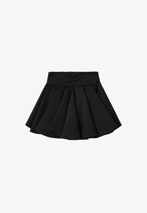 Zwarte geplooide rok met een brede elastische tailleband. Gemaakt van gladde stof met een uitlopende silhouet, ontworpen voor een ontspannen pasvorm.