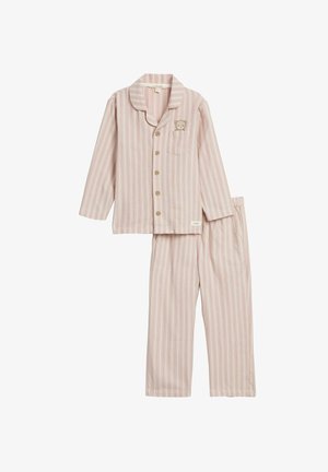 Vaaleanpunavalkoraidallinen pitkähihainen napillinen pyjamapaita, jossa taskussa karhunsilmäkuvio, yhdistetty samaa kuosia olevaan pyjamahousuihin.