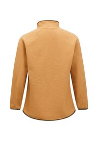 Beiger Fleece-Pullover mit hohem Kragen, Raglanärmeln und texturiertem Finish. Brauner Besatz entlang dem Saum und den Bündchen.