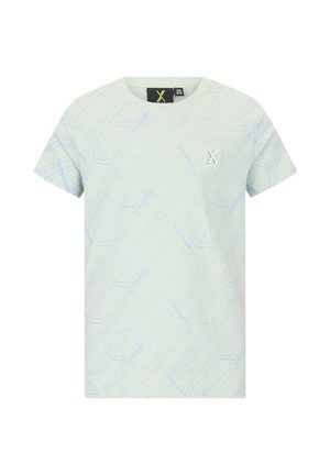 Jasnozielona koszulka z krótkim rękawem z delikatnym niebieskim geometrycznym wzorem i małym białym logo na górnej lewej piersi.