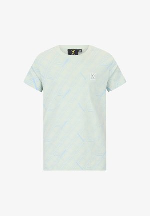 Hellgrünes kurzärmeliges T-Shirt mit dezentem blauem geometrischem Muster und kleinem weißem Logo auf der oberen linken Brustseite.