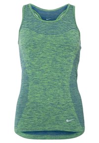 Débardeur de sport sans manches pour femme en tissu chiné vert et bleu avec panneau en mesh sur la poitrine et petit logo Nike près de l'ourlet.