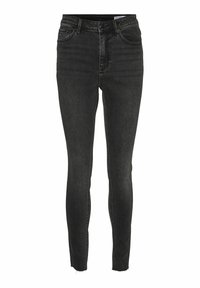 Jeans de mezclilla negra de cintura alta con una silueta ajustada, diseño de cinco bolsillos y detalles de dobladillo deshilachado en los tobillos.