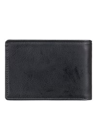 Schwarze Lederbrieftasche mit strukturierter Oberfläche, rechteckiger Form und genähten Kanten, entworfen für die Aufbewahrung von Karten und Bargeld.