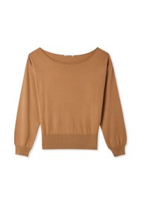 Maglione marrone leggero con scollo ampio, maniche lunghe e orlo a coste. Tessuto liscio con vita aderente.