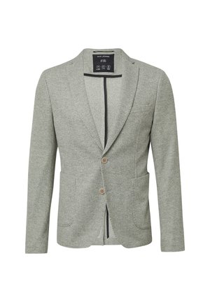 Blazer texturé gris clair fabriqué à partir d'un tissu tissé, avec une coupe slim, deux poches avant et deux boutons. Accentuée par une doublure noire.