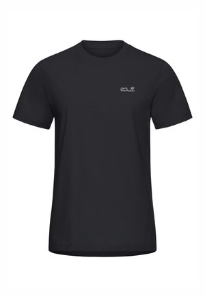 Schwarzes Baumwoll-T-Shirt mit kurzen Ärmeln und rundem Ausschnitt, mit einem kleinen weißen Logo auf der linken Brustseite. Glatte Textur.