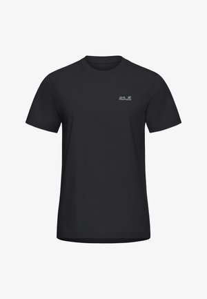 Zwart katoenen T-shirt met korte mouwen en een ronde halslijn, voorzien van een klein wit logo op de linkerborst. Gladde textuur.