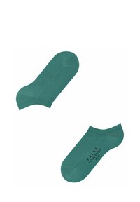 Turquoise enkelkous gemaakt van zacht materiaal. Beschikt over een ribbelboord en versterkte teen. Merkanaam in het zwart gedrukt op de zool.
